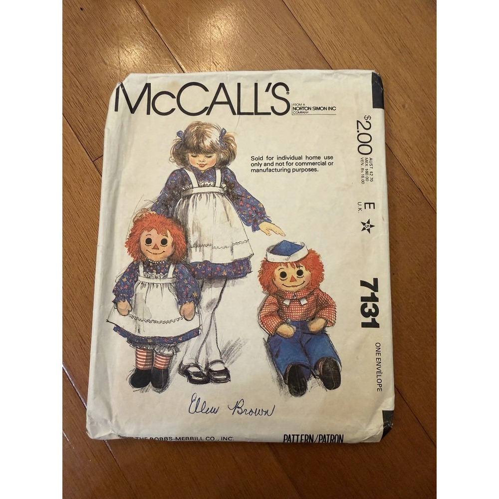 Vintage 1980 McCall's 7131 Raggedy Ann Andy 36" Doll Sewing Pattern Transfers